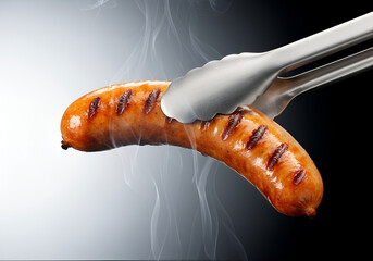 Grilled sausage being held by tongs, smoky