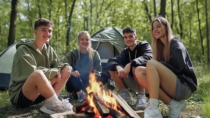 Group of teenagers enjoying a campfire in the woods