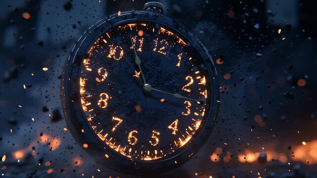 A vintage pocket watch with glowing numbers sits amidst flying debris and sparks. The clock's hands indicate a time close to midnight, surrounded by dark, smoky hues.