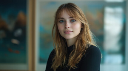 Portrait of a Young Woman with Blonde Hair and Blue Eyes in an Art Gallery