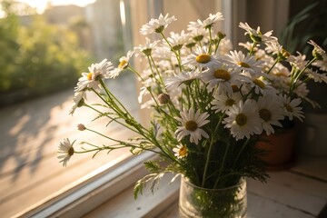 A bouquet of chamomiles on the windowsill