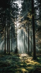 Naklejka premium Majestic forest scene featuring sunlight streaming through tall green trees and mist