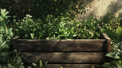Wooden planter box overflowing with lush green herbs and wildflowers a tranquil garden scene