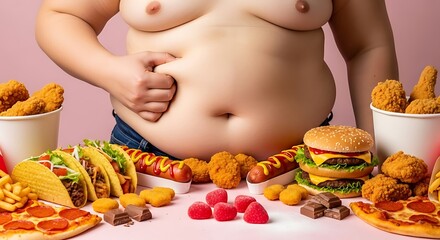 Visual representation of overconsumption and unhealthy eating habits, A stark image of excess: Fast food and a body struggling with overindulgence
