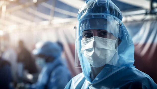 Medical healthcare worker wearing protective suit face shield mask in hospital environment with sunlight shining and warm blurred background - Powered by Adobe