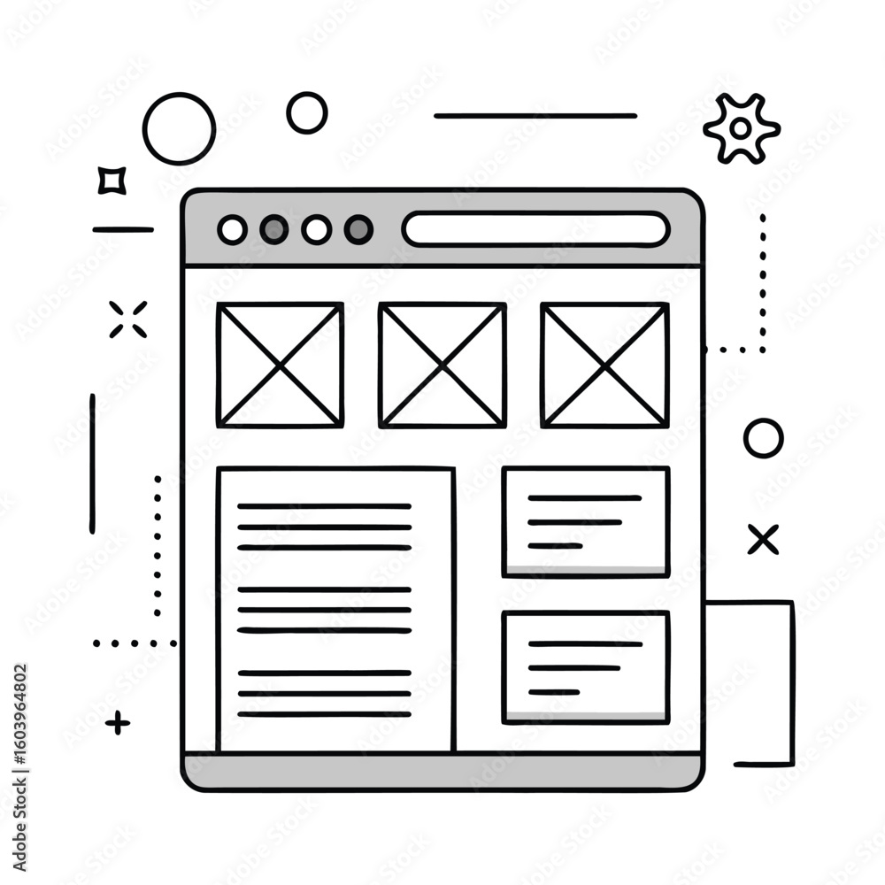 Poster hand drawn website wireframe layout design concept isolated on white background