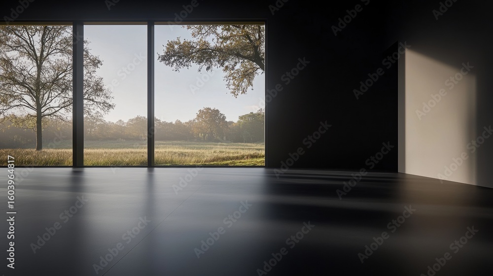 Poster a modern room with a large window and a view of a field.