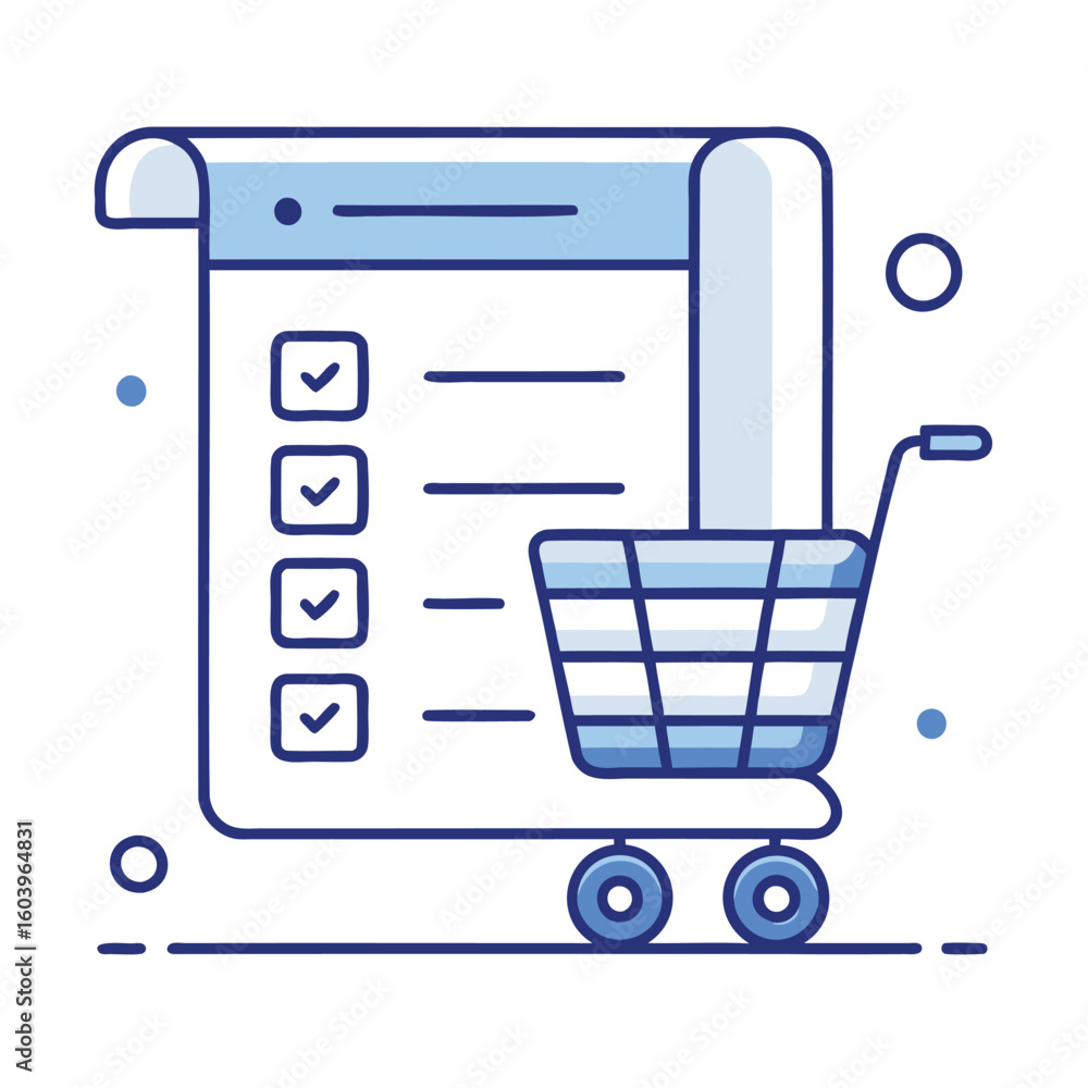 Poster a shopping list with checkboxes and a miniature shopping cart isolated on white background