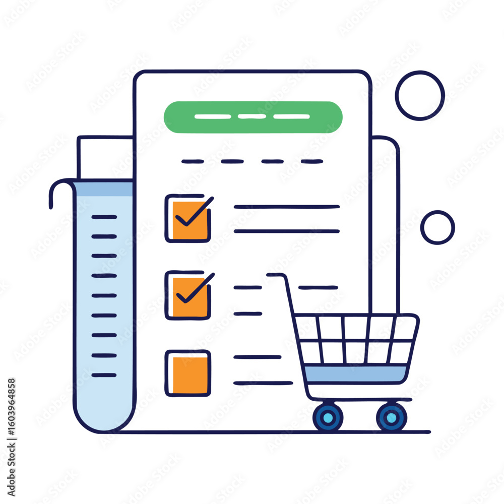 Poster illustration of a shopping list with checkmarks and a small cart isolated on white background
