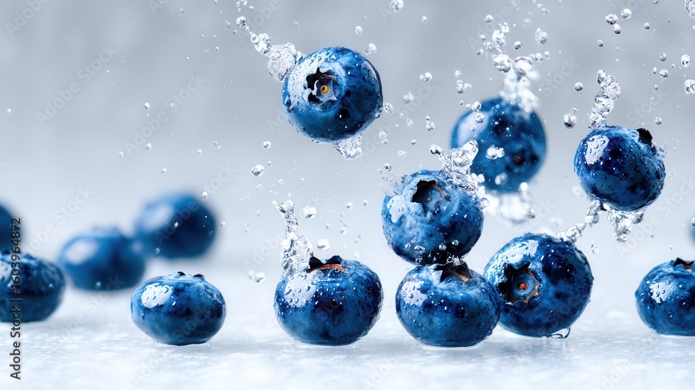 Poster ripe blueberries sprinkled with delicious sugar are bouncing on a white surface, creating a dynamic 