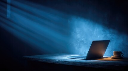 Blue light illuminating laptop on desk in dark room, symbolizing high-speed internet, remote work environment, and modern digital connectivity in tech lifestyle scene
