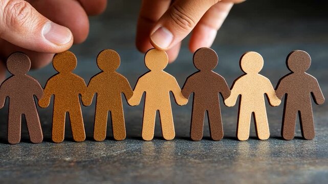 A hand places a light-brown figurine in a row of dark-brown and light-brown figurines, symbolizing unity