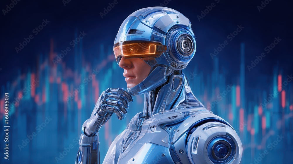 Aufkleber a futuristic robot contemplating data trends in a digital environment.