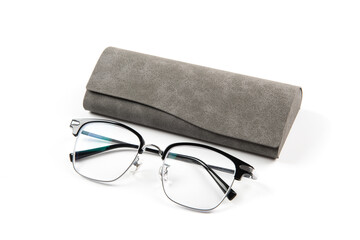 optical glasses with glasses box isolated  on white background.