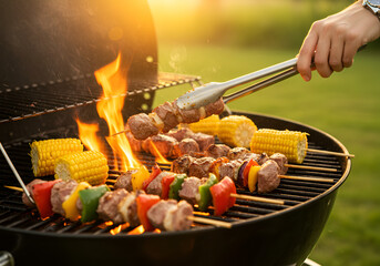 Grilled skewers with corn on a barbecue
