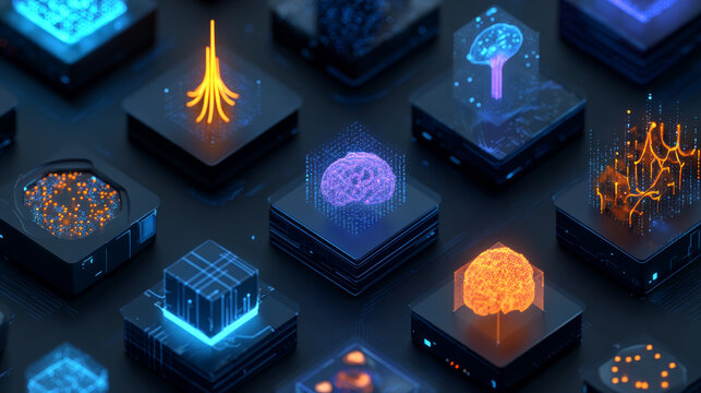 3D icon design showcasing AI components such as data points, neurons, and algorithms for advanced tech