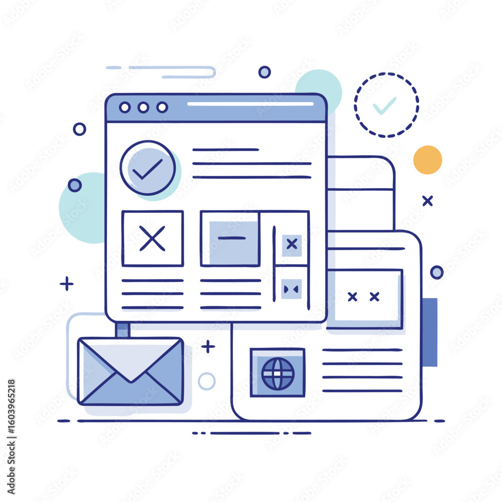 Poster digital interface elements and communication icons isolated on white background