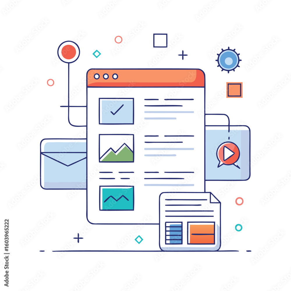 Poster digital document workflow and communication tools illustration isolated on white background
