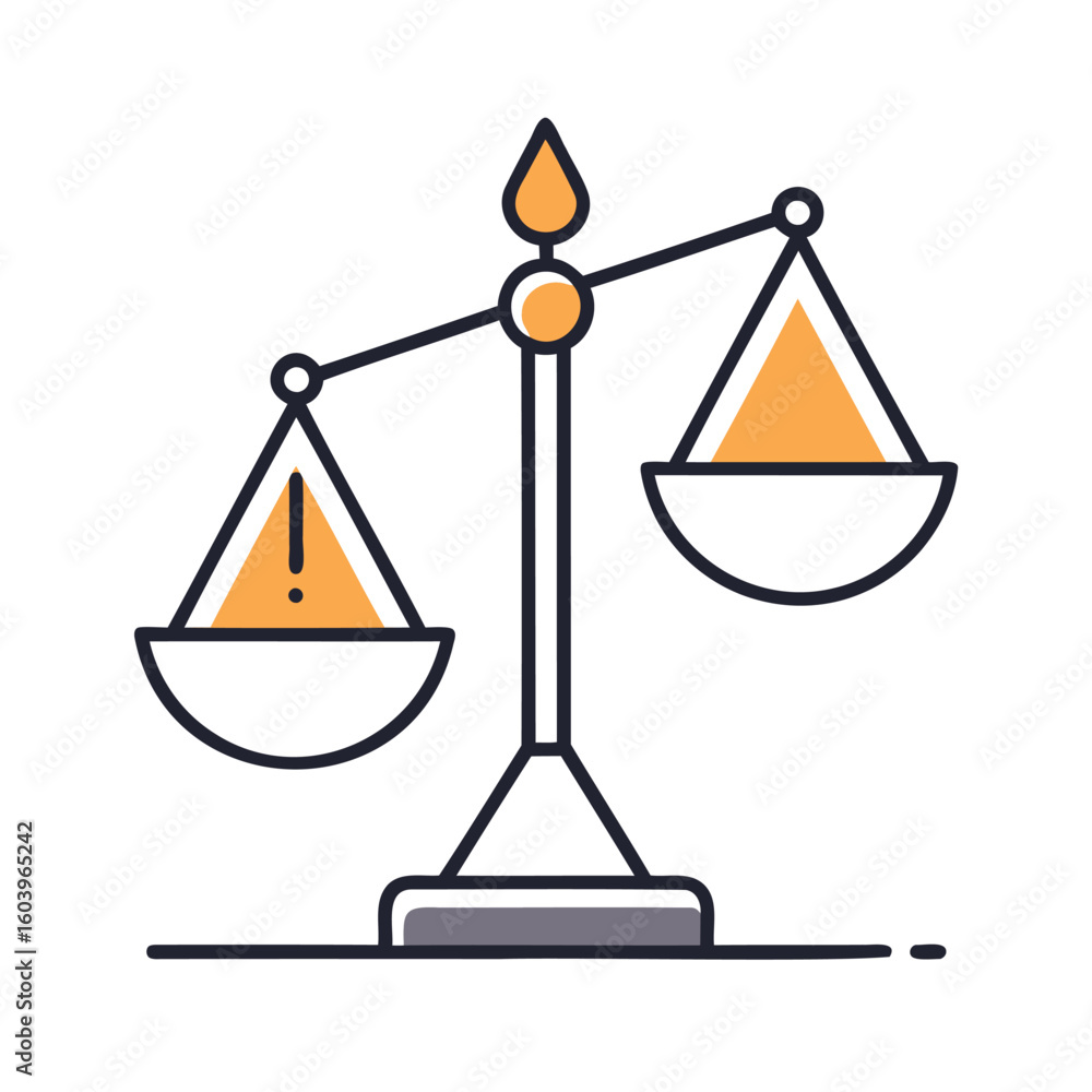 Poster illustration of a balanced scale with one pan showing an exclamation mark isolated on white backgrou