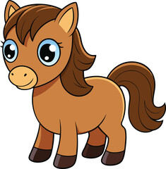A cute brown pony with large, expressive eyes stands cheerfully against a white background, embodying innocence and joy.