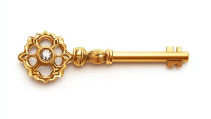 Golden antique key isolated on a white background, vector illustration. Close-up view of a golden vintage door or lock key