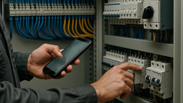 Energy audit of home. Electrician performing electrical panel maintenance using smartphone to adjust circuit breaker and manage colorful wires
