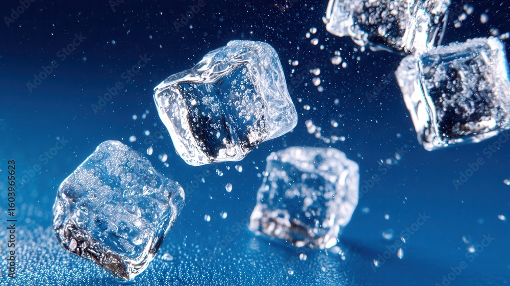 Aufkleber space cubes splashing onto a wet surface, creating dynamic motion against a blue background, offerin