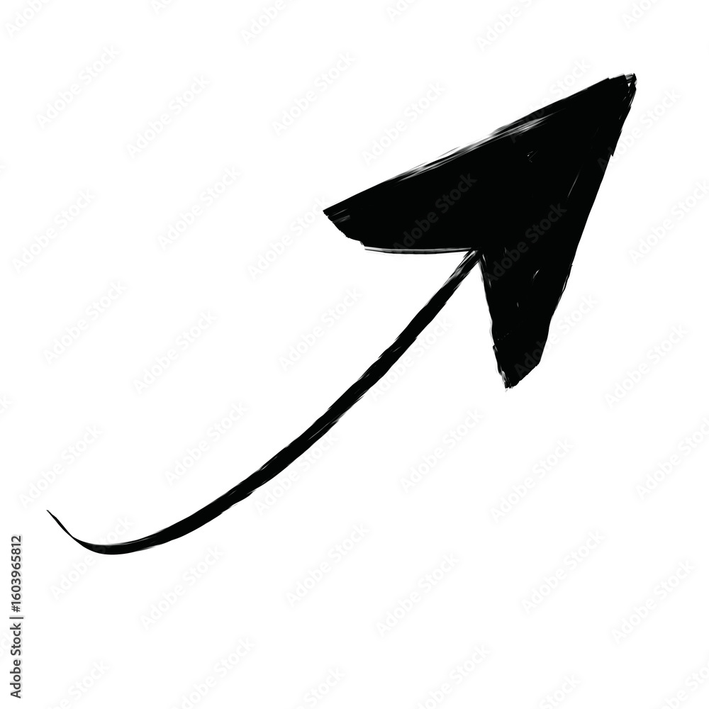 Poster hand drawn upward pointing arrow with curving line style on transparent background