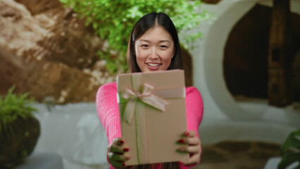 Woman holding a gift box smiles warmly against a lush outdoor backdrop, showcasing joy and...