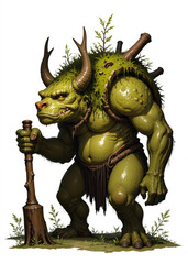 Swamp Moss Troll Holding Wooden Club – Fantasy Forest Monster with Muddy Green Skin, Antler Branches, Moss Hair and Primitive Appearance for RPG Character Design and Creature Illustration
