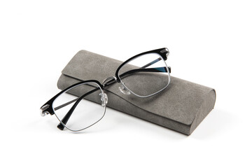 optical glasses with glasses box isolated  on white background.