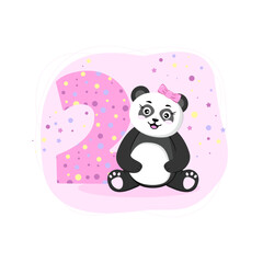 Second Birthday card with panda girl. Birthday invitation for girl 2 year. Baby shower banner with cute panda for baby banner, baby shower invitation, birthday card, social media, wallpaper, website. 