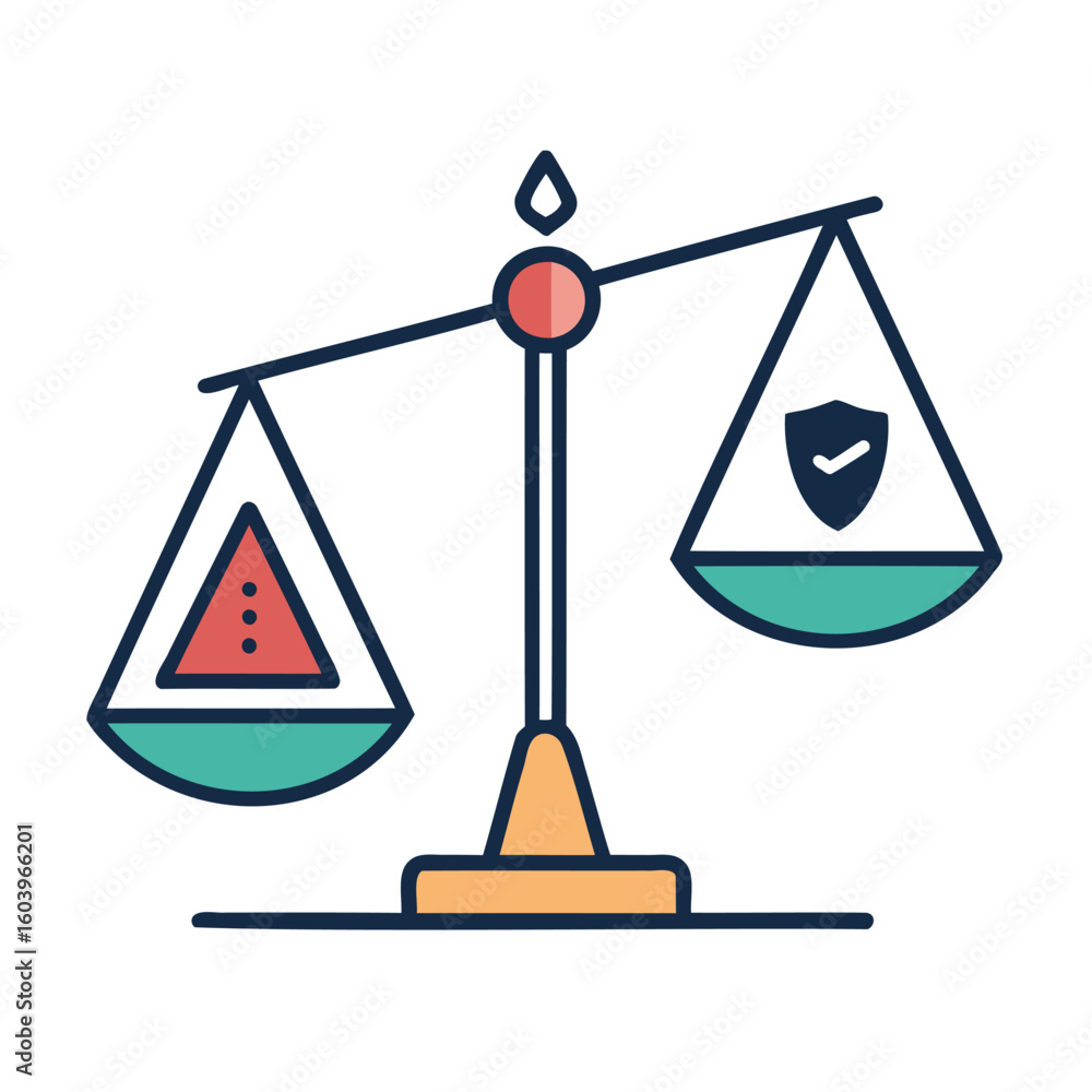 Poster conceptual illustration of weighing risk against security on a balanced scale isolated on white back