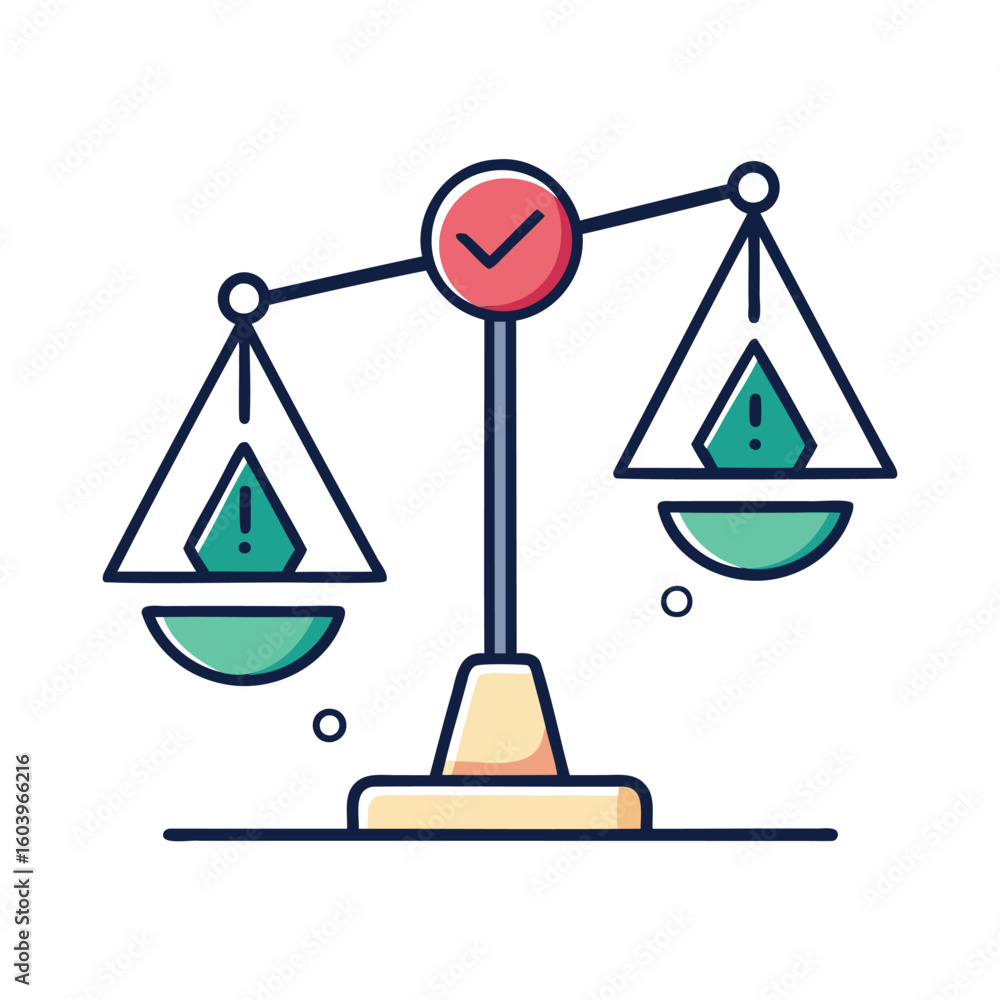 Poster illustration of a balance scale with a checkmark and warning symbols isolated on white background