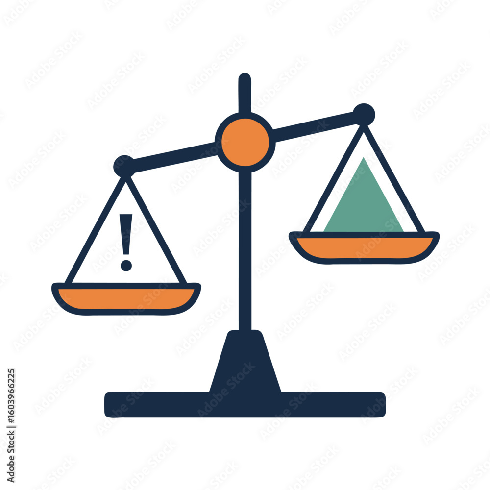 Poster illustration of a balanced scale with an exclamation mark and a triangle on white background isolate
