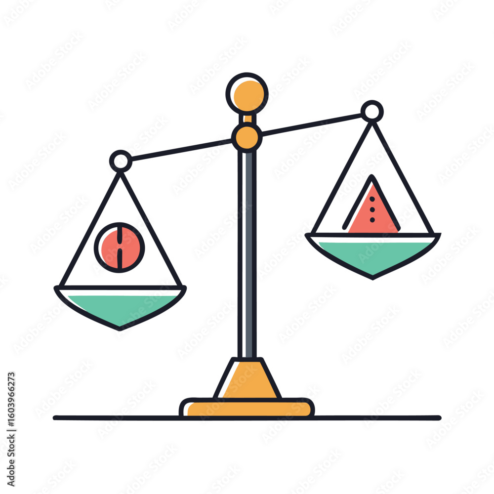 Poster illustration of a balanced scale with geometric shapes representing different weights isolated on wh