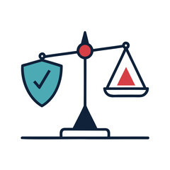 Balancing scales with shield and triangle symbols representing justice and risk isolated on white background