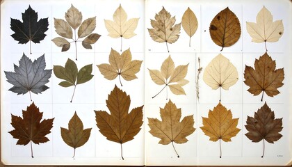 Pressed leaves, various colors and shapes, displayed on a grid