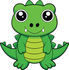 A cheerful cartoon baby crocodile with large eyes stands against a white background, exuding cuteness and playfulness.