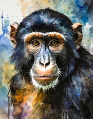 An artistic, expressive portrait of a chimpanzee. The image combines realistic detail with a watercolor and ink painting style and a colorful, abstract background.