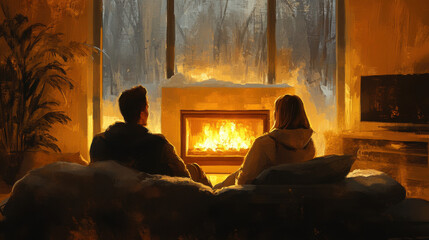Romantic Couple Relaxing by Fireplace on Snowy Evening