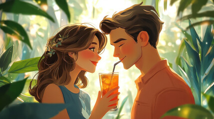 Romantic Couple Sharing a Drink in Lush Tropical Foliage, Warm Sunlight Illustration