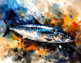 An expressive watercolor and ink painting of a single fish, with dynamic splashes of blue, orange, and black. The style conveys movement and energy in an abstract, artistic way.