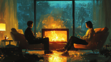 Romantic Couple Relaxing by Fireplace on Rainy Night
