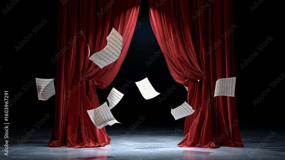 Aufkleber dramatic red curtains parting in a dark theater, with scattered music sheets floating in the air, cr