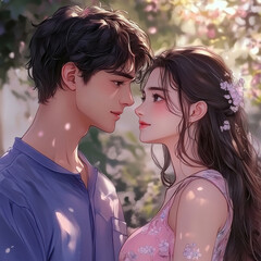 Romantic Young Couple Portrait Soft Pastel Colors Flower Blossom Background