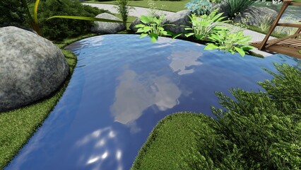 3d image of the landscape design of the home territory. Landscaping of the territory. Computer visualization of composite landscaping and landscaping solutions.	
