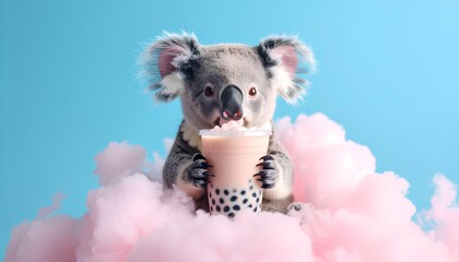Playful Koala Drinks Beverage Surrounded By Clouds, cute wallpapers