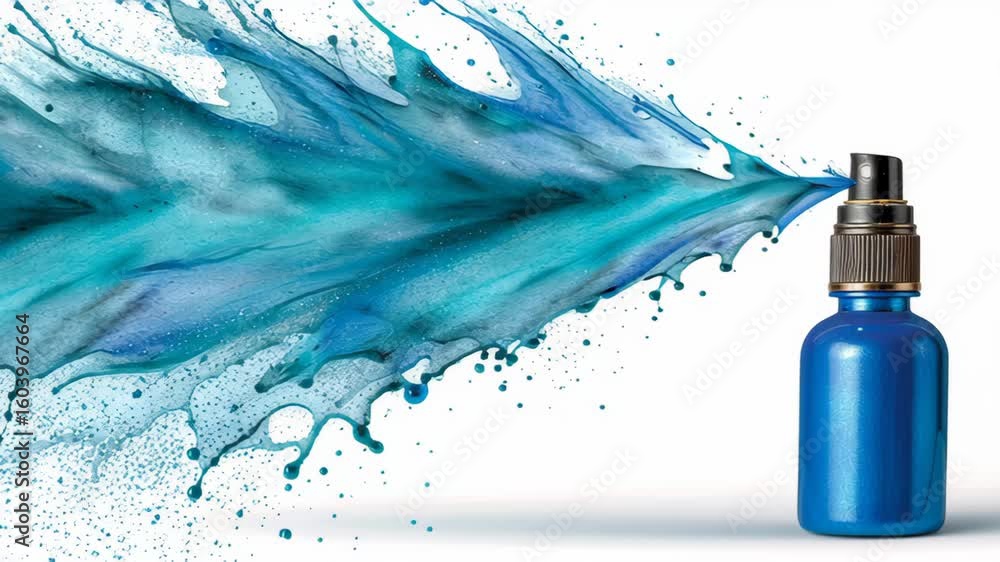 Poster blue spray bottle releasing vibrant blue paint splash, creating dynamic visual effect with fluid mot