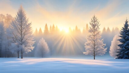 Golden sunbeams pierce through a misty winter forest illuminating snow covered trees and a frosty landscape